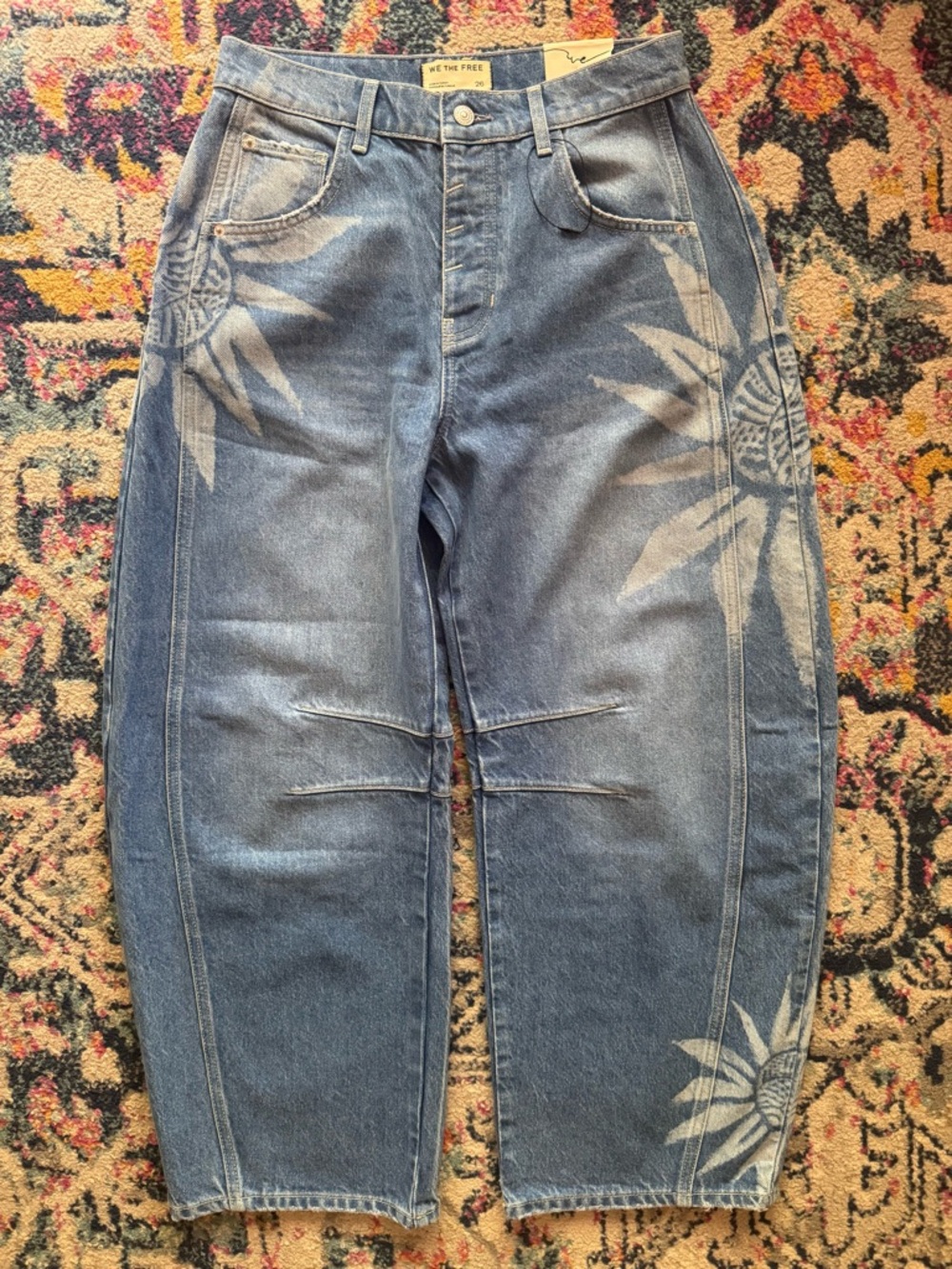 NWT We The Free Free People Good Luck Printed Barrel Jeans- Sunflower